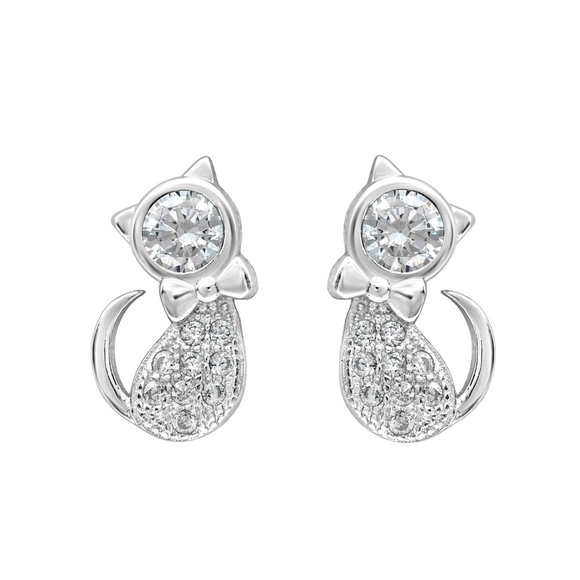 Crystal Cat Stud Earrings – Sterling Silver with CZ Accents - Picture 1 of 1